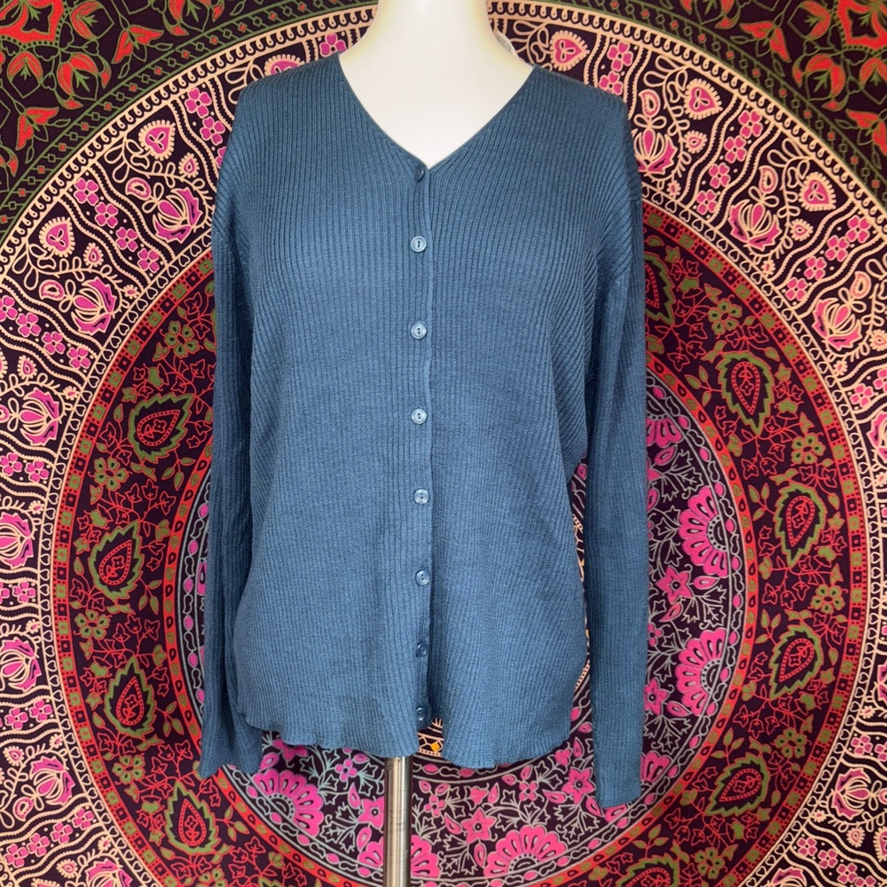 Sag Harbor Blue Ribbed V Neck Long Sleeve Sweater Women’s Petite Size Large
